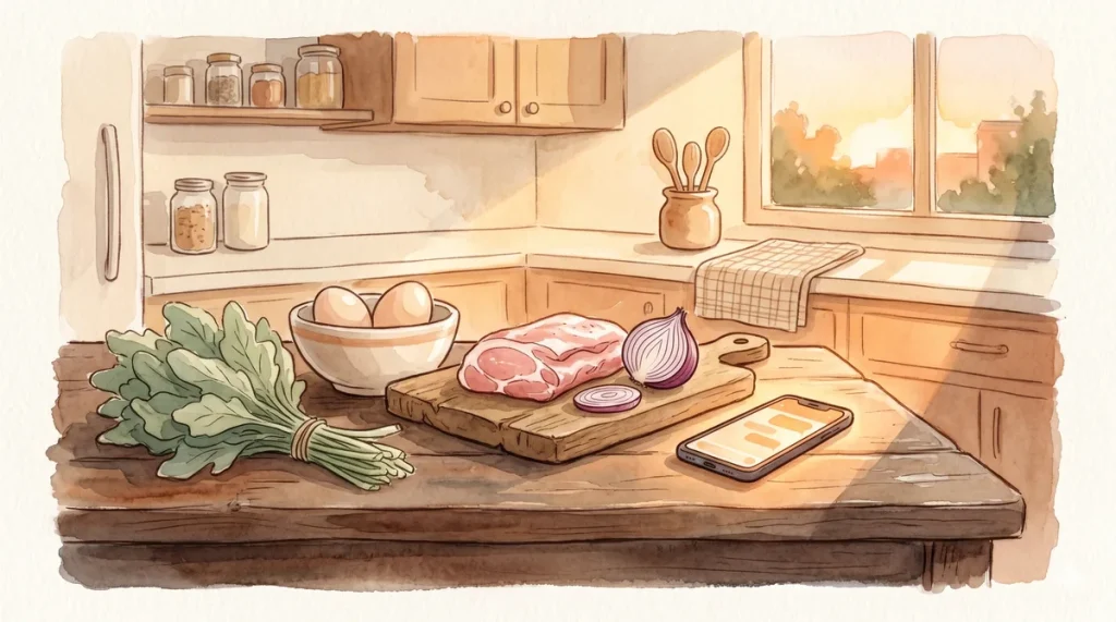 夕方のキッチンカウンター、食材とスマホ（AIチャット画面）のイメージ