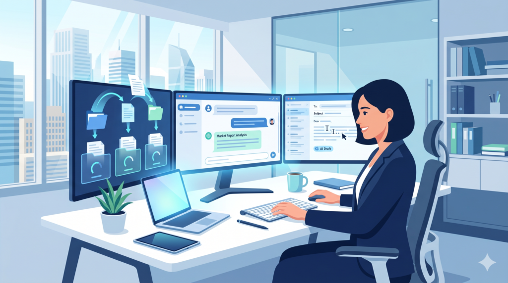 AIで仕事を効率化するビジネスパーソンのイラスト