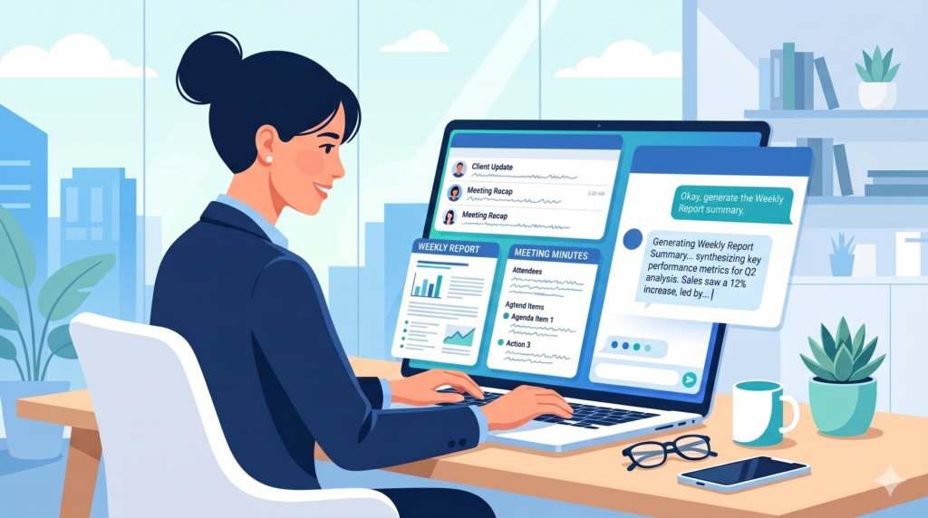 AIでメール・報告書・議事録を効率化するビジネスパーソンのイラスト