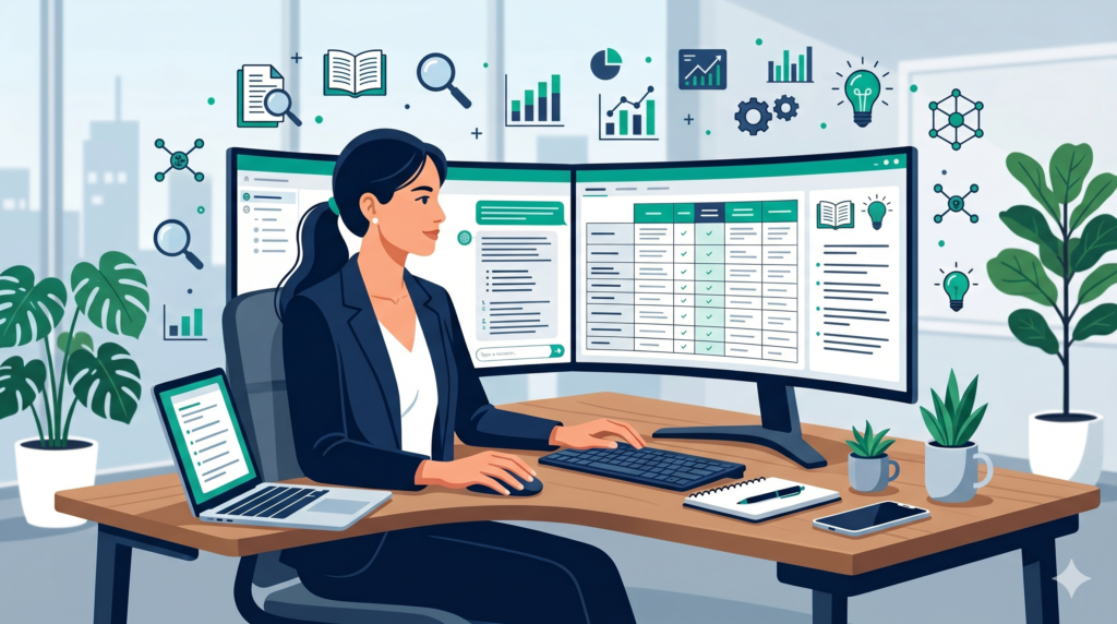 AIで情報収集・調査を効率化するビジネスパーソンのイラスト