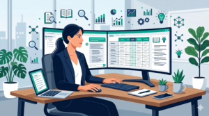 AIで情報収集・調査を効率化するビジネスパーソンのイラスト