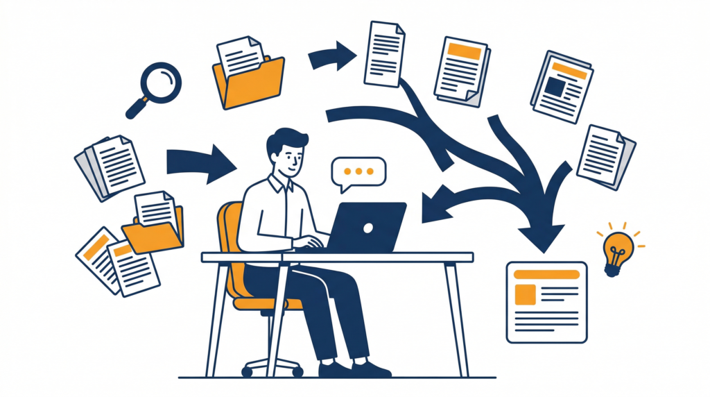 ChatGPTで書類を要約・整理するイラスト - AI専門教室チームあいおい