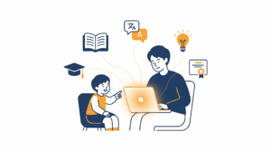 ChatGPTで語学や資格の勉強をするイラスト - AI専門教室チームあいおい