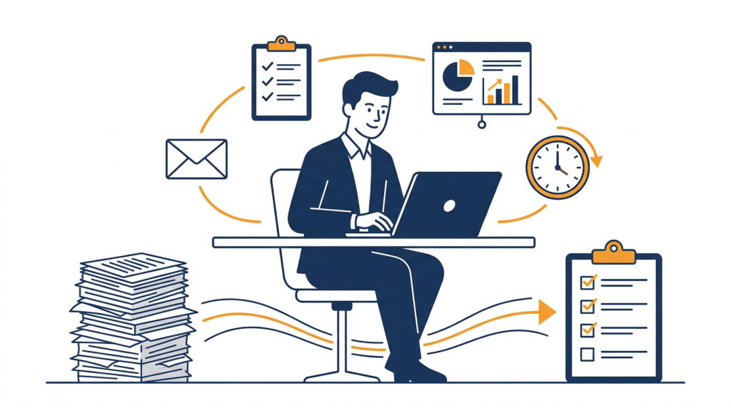 ChatGPTで業務を効率化するビジネスパーソンのイラスト - AI専門教室チームあいおい