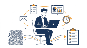 ChatGPTで業務を効率化するビジネスパーソンのイラスト - AI専門教室チームあいおい